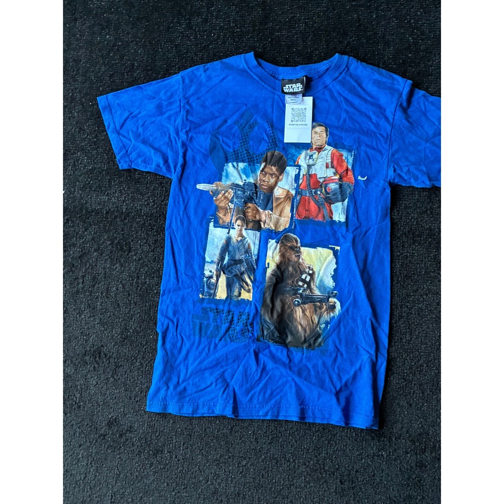 Star Wars Graphic Tee Blue Short Sleeve Rey Finn Poe Chewbacca Shirt Small